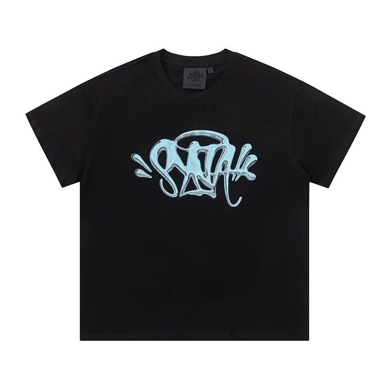 Syna World Vintage Oversized Graffiti Tag Graphic Tee (Black / Light Blue)